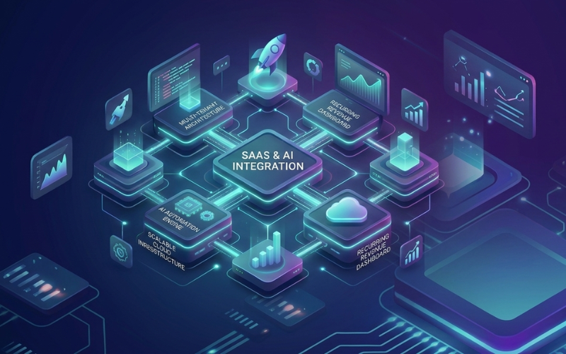 Isometric depiction of SaaS & AI Integration workflow for Digiature Technology